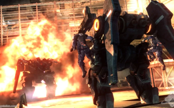 HD PC desktop wallpaper from the video game Lost Planet, featuring armored mechs and soldiers amidst fiery explosions in a high-intensity battle scene.