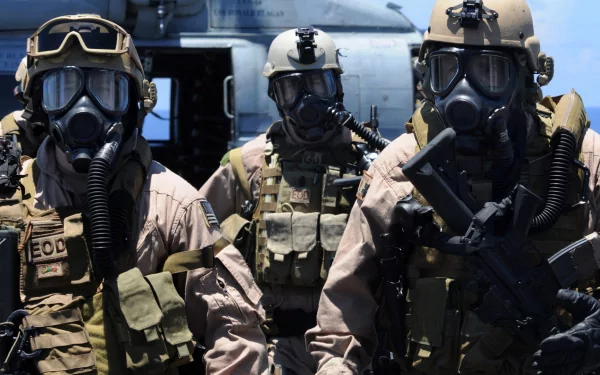 Three soldiers in tactical gear wearing gas masks stand confidently in front of a military helicopter, showcasing a strong military presence in this HD PC desktop wallpaper.