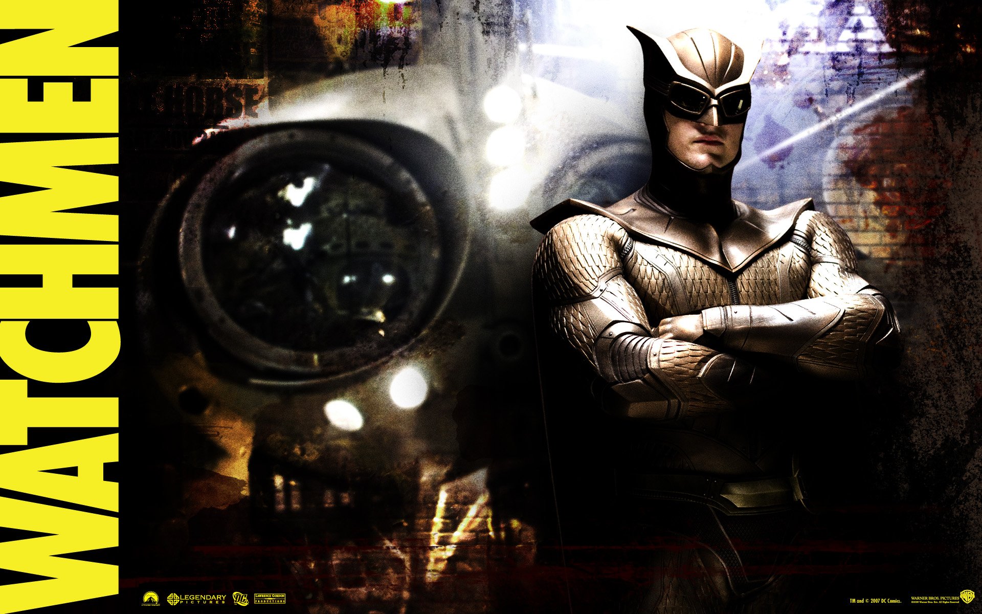 HD PC desktop wallpaper featuring Nite Owl from the Watchmen movie, showcasing the character in costume with a dark, gritty background and bold yellow Watchmen text.