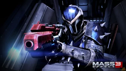 HD PC desktop wallpaper featuring a heavily armored character from the video game Mass Effect 3 aiming a futuristic red weapon in a sci-fi setting.