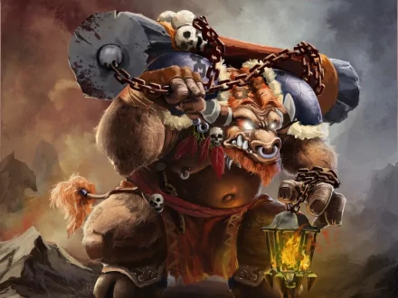 HD Warcraft 3 fantasy creature wallpaper featuring a fierce, armored beast holding a glowing lantern and a large weapon, set against a dramatic smoky background.