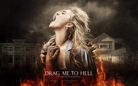 HD PC desktop wallpaper featuring a dramatic scene from the movie Drag Me to Hell, showing a woman screaming as fiery hands grasp her shoulders against a dark, eerie background.