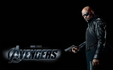 HD PC desktop wallpaper featuring Samuel L. Jackson as Nick Fury from Marvel Studios' Avengers, holding a gun against a black background.
