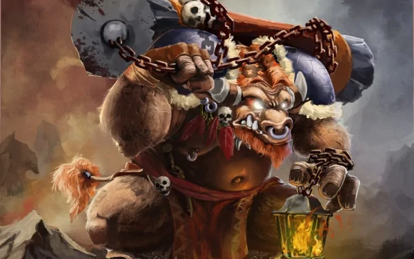 HD Warcraft 3 fantasy creature wallpaper featuring a fierce, armored beast holding a glowing lantern and a large weapon, set against a dramatic smoky background.