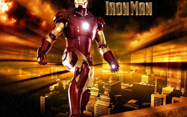 HD desktop wallpaper featuring Tony Stark as Iron Man, set against a dramatic urban backdrop illuminated by fiery skies. A striking visual for fans of the iconic superhero.
