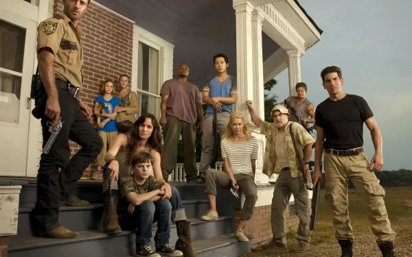 HD desktop wallpaper of The Walking Dead TV show cast, featuring characters assembled on the steps of a farmhouse, exuding a sense of determination and unity.