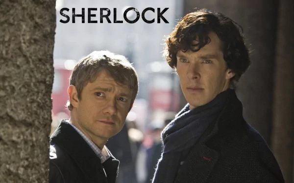 Sherlock Holmes and Dr. John Watson stand closely together, gazing intently in a scene from the acclaimed TV show Sherlock, depicted in a striking HD desktop wallpaper.
