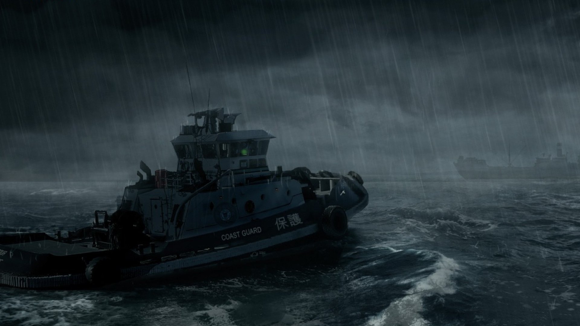 HD PC desktop wallpaper and background of a coast guard ship (vehicle) battling a storm with heavy rain, churning waves and dark, brooding skies.