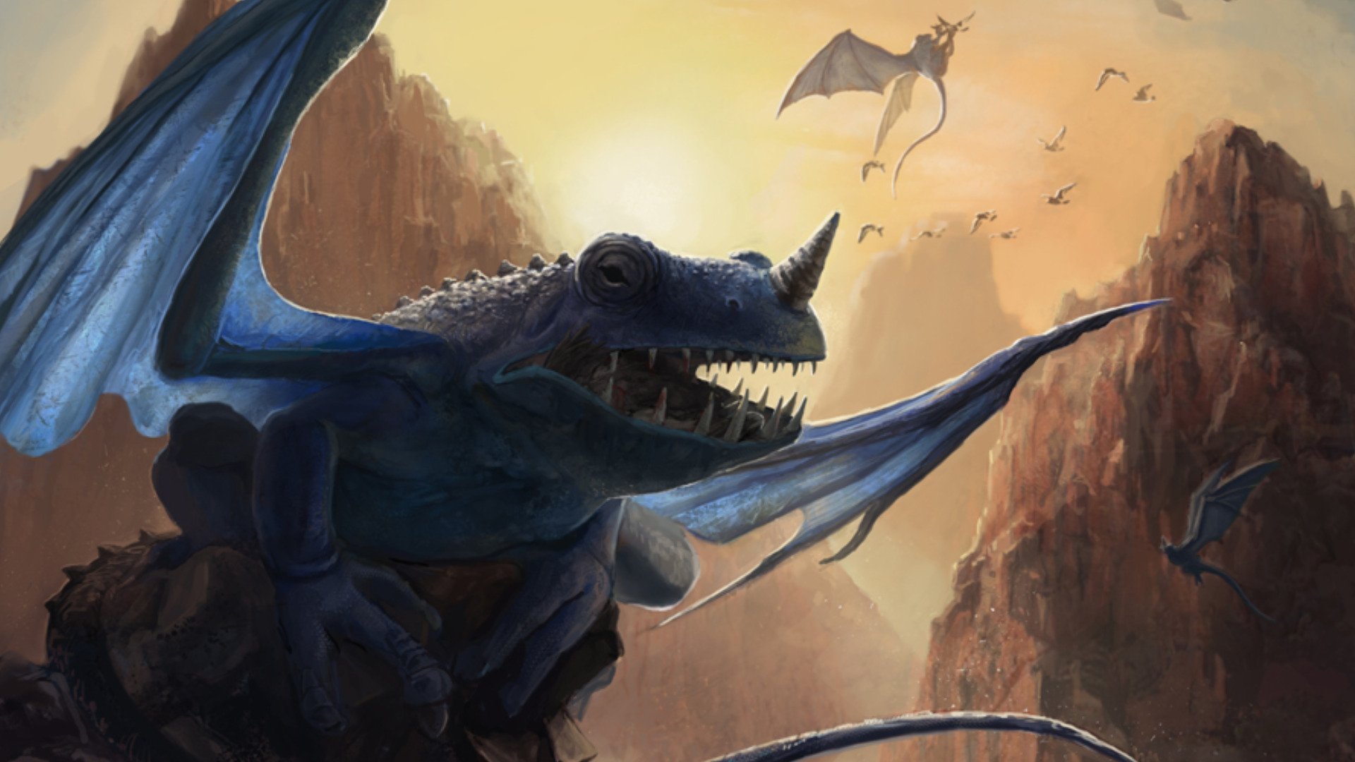 Fantasy creature: blue dragon perched on a rocky cliff, wings spread as smaller dragons fly over a sunlit canyon — HD PC desktop wallpaper and background.