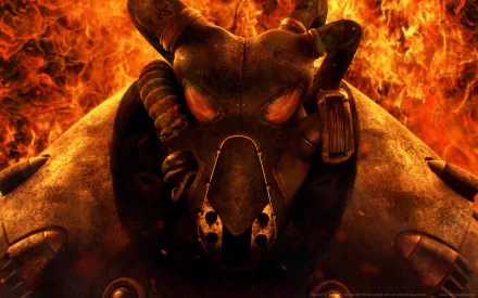 HD PC desktop wallpaper featuring a fiery, menacing figure from the video game Fallout with a horned helmet and glowing flames in the background.