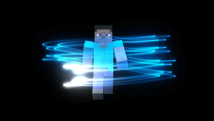 HD desktop wallpaper featuring a Minecraft character illuminated with vibrant blue light trails against a black background.