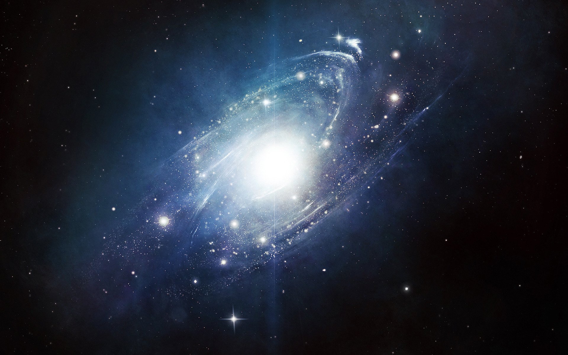 A captivating HD wallpaper featuring a vibrant galaxy, illuminated by a bright core and scattered stars, showcasing the beauty of sci-fi cosmos.