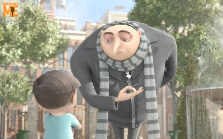 Gru (Despicable Me) bends in a sunlit park, showing a small trinket to a young boy — movie HD PC desktop wallpaper/background.