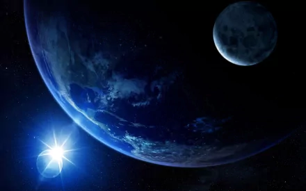 HD desktop wallpaper depicting a Sci-Fi-themed space scene with a partial solar eclipse. The Sun and Moon both appear near an Earth-like planet against a dark cosmic backdrop.