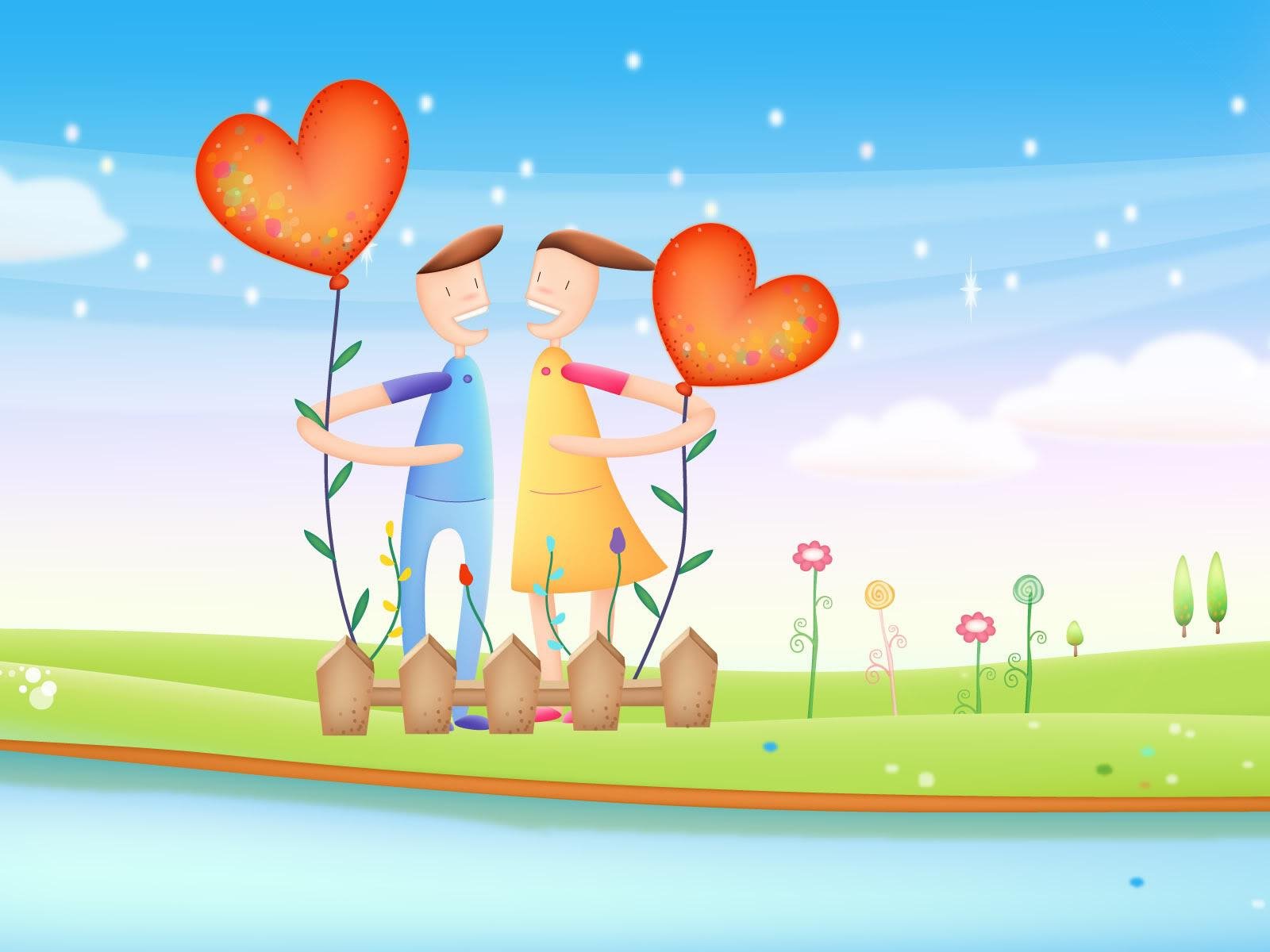 A colorful, artistic illustration of a couple holding heart-shaped balloons, set in a vibrant landscape filled with flowers and greenery, conveying themes of love and togetherness.
