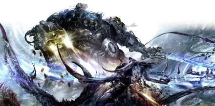 HD PC desktop wallpaper depicting a battle scene from the Warhammer 40k video game, featuring a heavily armored warrior fighting monstrous creatures.