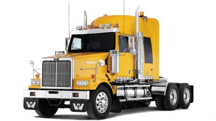 Yellow Western Star semi-truck (vehicle), three-quarter front view on white background — HD PC desktop wallpaper and background.