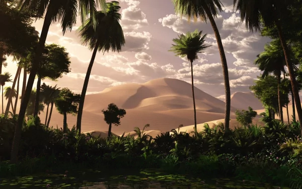 HD fantasy landscape showing a lush oasis with palm trees surrounded by desert dunes under a cloudy sky, designed as a PC desktop wallpaper.