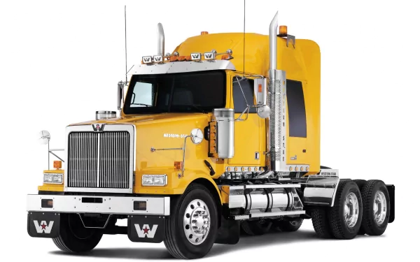 Yellow Western Star semi-truck (vehicle), three-quarter front view on white background — HD PC desktop wallpaper and background.