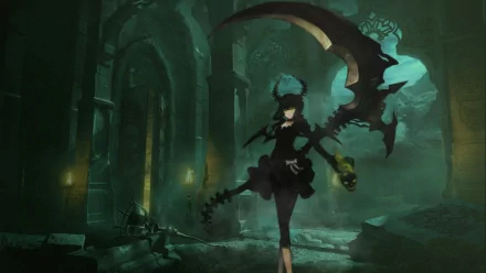 HD desktop wallpaper featuring Dead Master from Black Rock Shooter. The character stands in a dark, mystical environment holding a large scythe, with dramatic lighting highlighting her gothic appearance.