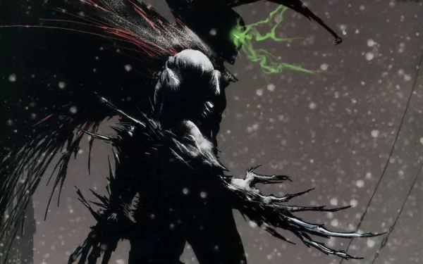 High-definition desktop wallpaper featuring Spawn, a dark comic character, against a snowy backdrop with dramatic lighting and eerie, green accents.