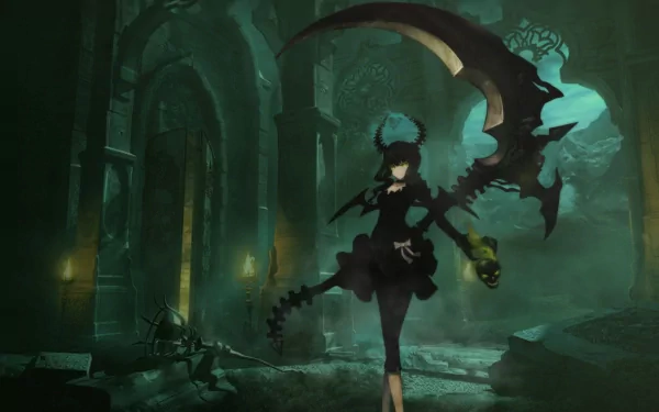 HD desktop wallpaper featuring Dead Master from Black Rock Shooter. The character stands in a dark, mystical environment holding a large scythe, with dramatic lighting highlighting her gothic appearance.
