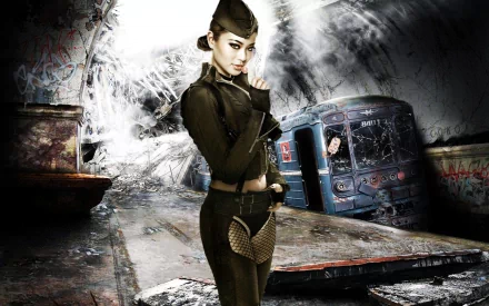 Amber from *Sucker Punch*, portrayed by Jamie Chung, stands confidently amidst a gritty, graffiti-covered subway backdrop in this HD desktop wallpaper.