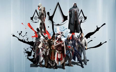 HD PC desktop wallpaper featuring iconic characters from the Assassin's Creed video game series with the Assassin's emblem in the background and dynamic black and red splashes.
