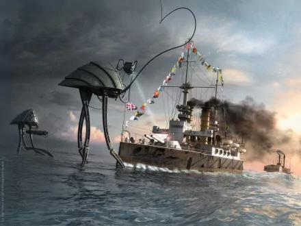 HD PC desktop wallpaper: War Of The Worlds sci‑fi battle — a steam‑era warship riddled with smoke as towering tripod war machines wade the stormy sea under a dramatic sky.