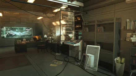 HD PC desktop wallpaper depicting a detailed sci-fi city control room with futuristic technology and illuminated displays in a high-tech industrial setting.