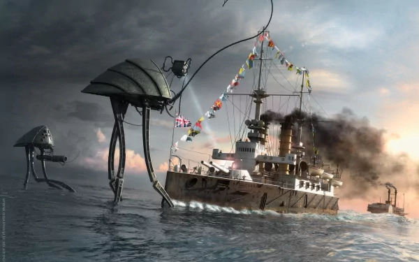 HD PC desktop wallpaper: War Of The Worlds sci‑fi battle — a steam‑era warship riddled with smoke as towering tripod war machines wade the stormy sea under a dramatic sky.