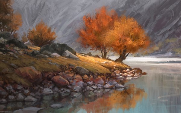 Artistic Landscape Beach Tree People Alone Fall Mountain Lake River Painting HD Wallpaper | Background Image