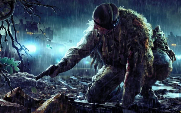 A high-definition desktop wallpaper and background from the video game Sniper: Ghost Warrior 2, featuring a soldier crouching in the rain with a gritty urban backdrop.