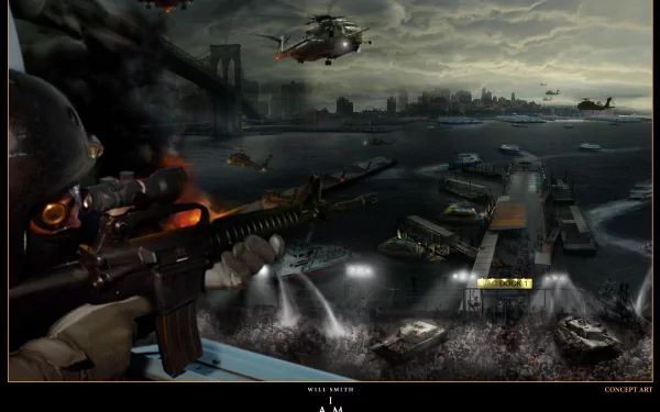 Concept art from the movie I Am Legend, featuring a tense scene with military helicopters and boats amidst a dramatic, apocalyptic backdrop. An engaging HD desktop wallpaper.