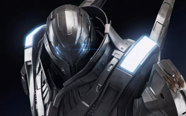 A striking HD wallpaper featuring a futuristic armored character from the video game Section 8, showcasing sleek design and glowing accents against a dark background.
