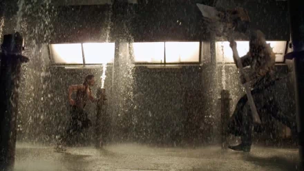 HD PC desktop wallpaper featuring a tense rain-soaked scene from the movie Resident Evil: Afterlife.