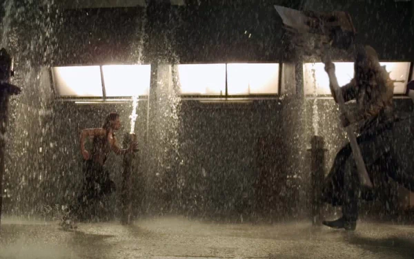 HD PC desktop wallpaper featuring a tense rain-soaked scene from the movie Resident Evil: Afterlife.