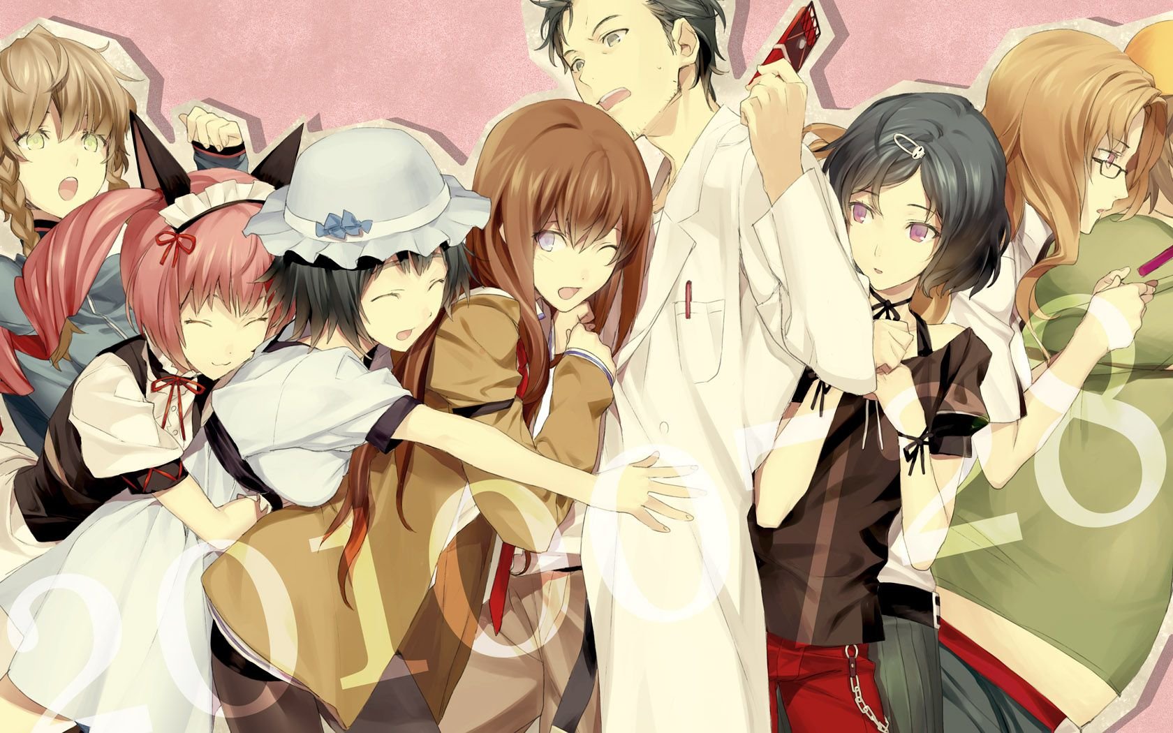 HD PC desktop wallpaper featuring the main characters from the anime Steins;Gate in a dynamic group pose against a soft pink background.