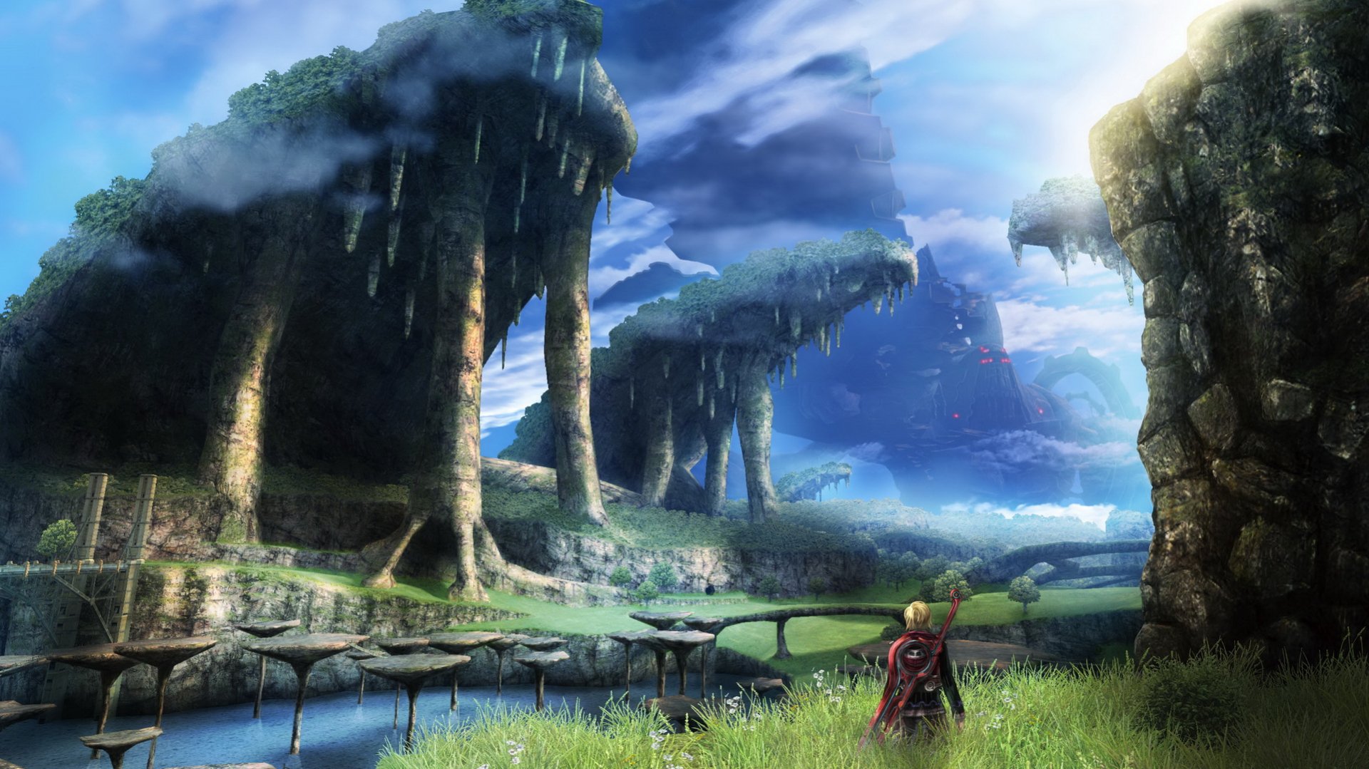 HD PC desktop wallpaper featuring a scenic landscape from the video game Xenoblade Chronicles, showcasing towering rock formations and a lone character overlooking a vast valley.