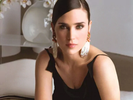 A stunning HD wallpaper featuring celebrity Jennifer Connelly, showcasing her elegant style and captivating gaze, set against a modern, minimalist background.