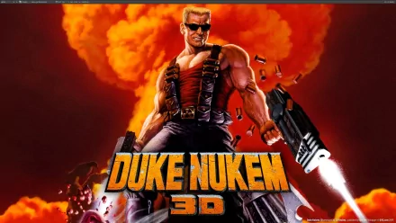 HD PC desktop wallpaper and background for the video game Duke Nukem 3D: Duke in sunglasses and combat gear firing a shotgun with a fiery mushroom-cloud explosion behind him.