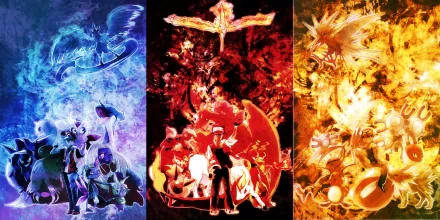 This HD desktop wallpaper features the electric Pokémon Zapdos, the fire Pokémon Moltres, and the ice Pokémon Articuno from the Pokémon anime, with vibrant blue, red, and yellow backgrounds respectively.