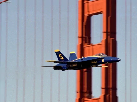 HD PC desktop wallpaper showing a military jet mid-flight at an air show, framed against the Golden Gate Bridge.