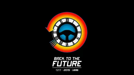 A vibrant HD desktop wallpaper featuring the iconic clock design from Back to the Future, showcasing the film's title and dates, set against a sleek black background.