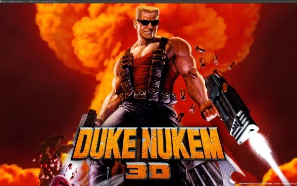 HD PC desktop wallpaper and background for the video game Duke Nukem 3D: Duke in sunglasses and combat gear firing a shotgun with a fiery mushroom-cloud explosion behind him.