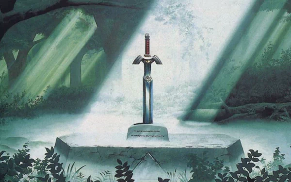 HD wallpaper featuring the Master Sword from The Legend of Zelda, set in a mystical forest with beams of light illuminating the iconic sword on its pedestal.