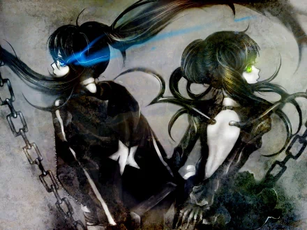 A striking 4K Ultra HD wallpaper featuring Dead Master from Black Rock Shooter, illustrating a dynamic pose with dual characters, entwined by chains and showcasing vivid colors.