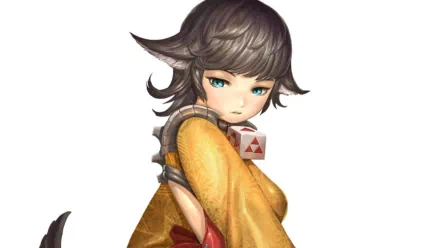 Anime Range Murata HD desktop wallpaper: green-eyed girl in a golden kimono with short dark hair, red gloves, looking over her shoulder on a white background.