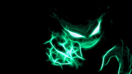 HD desktop wallpaper featuring Haunter from Pokémon anime, depicted with glowing green eyes and eerie, electric patterns against a dark background.