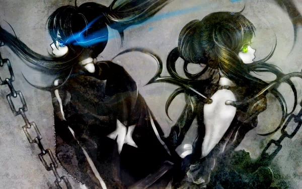 A striking 4K Ultra HD wallpaper featuring Dead Master from Black Rock Shooter, illustrating a dynamic pose with dual characters, entwined by chains and showcasing vivid colors.